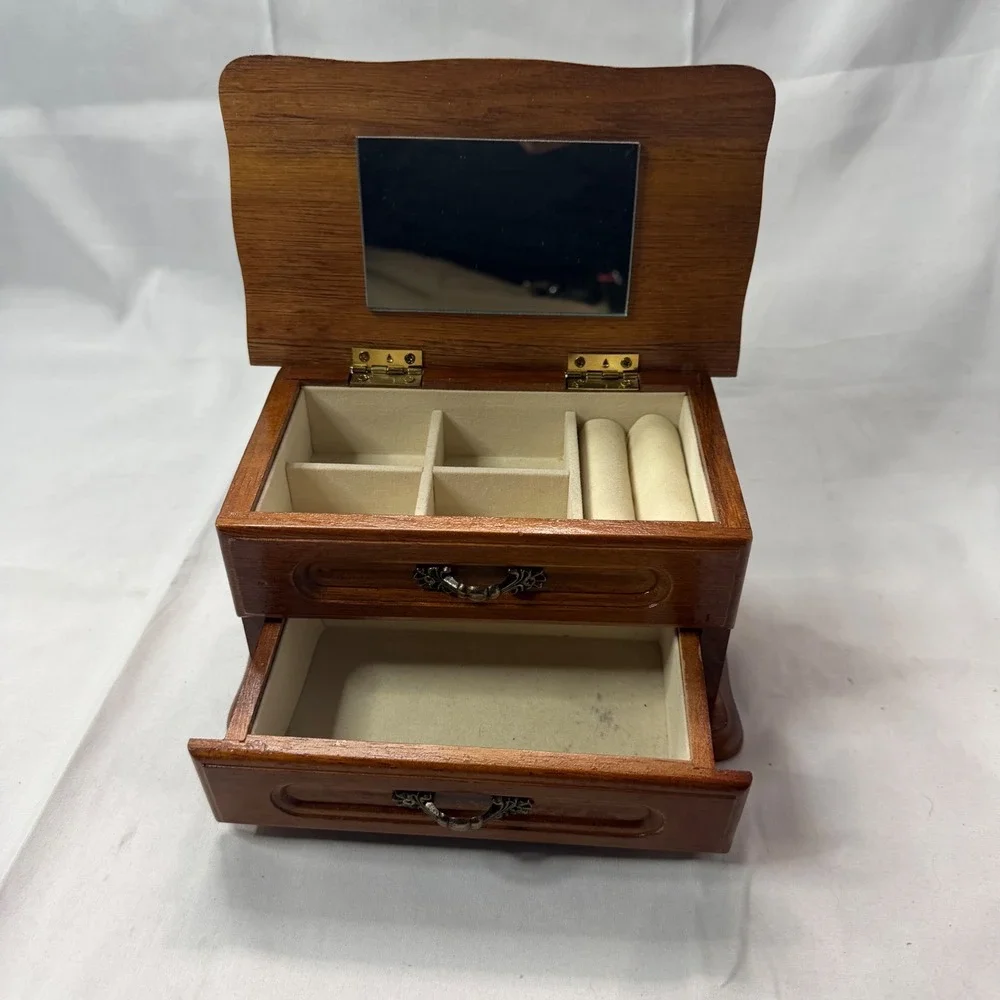 Vintage Wooden Jewelry Box with Mirror Ring Rolls and Drawer Brown Wood Finish